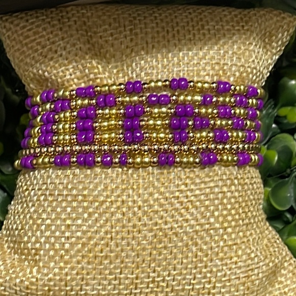 🎉💜NEW Purple Gold Beaded Stretch Bracelet Set Game Days LSU - Picture 2 of 2